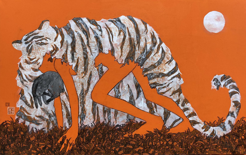 1girl all_fours animal_ears artist_logo brown_eyes colored_skin completely_nude dead_animal full_body grass highres looking_at_viewer mouth_hold nude orange_background orange_skin orange_theme original pelt rabbit simple_background solo sun tail tiger_ears tiger_pelt tiger_tail tsurikawa373