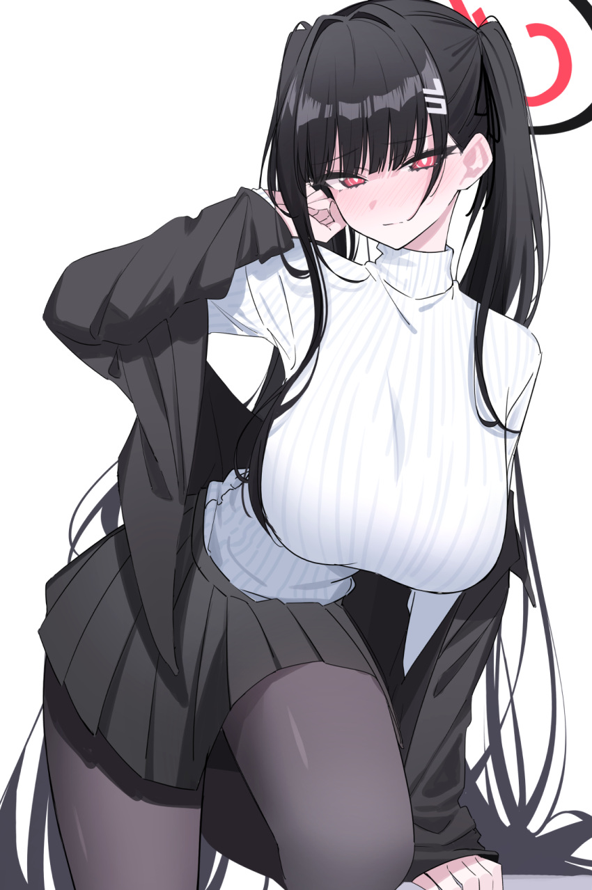 1girl alternate_hairstyle arm_behind_head black_hair black_halo black_jacket black_pantyhose black_skirt blue_archive breasts closed_mouth duplicate hair_ornament hairpin halo highres ichiki_1 jacket large_breasts long_hair looking_at_viewer off_shoulder open_clothes open_jacket pantyhose pleated_skirt red_eyes ribbed_sweater rio_(blue_archive) simple_background skirt solo sweater turtleneck turtleneck_sweater twintails white_background white_sweater