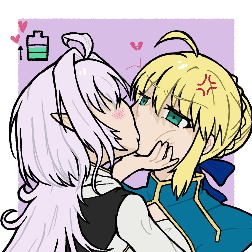 2girls ahoge am0930 anger_vein artoria_pendragon_(fate) battery_indicator blonde_hair blush braid fate/grand_order fate/stay_night fate_(series) forced_kiss grabbing_another's_chin green_eyes hair_ribbon hand_on_another's_chin heart highres kiss lady_avalon_(fate) long_hair merlin_(fate/prototype) multiple_girls pointy_ears ribbon saber_(fate) short_hair sidelocks white_hair yuri