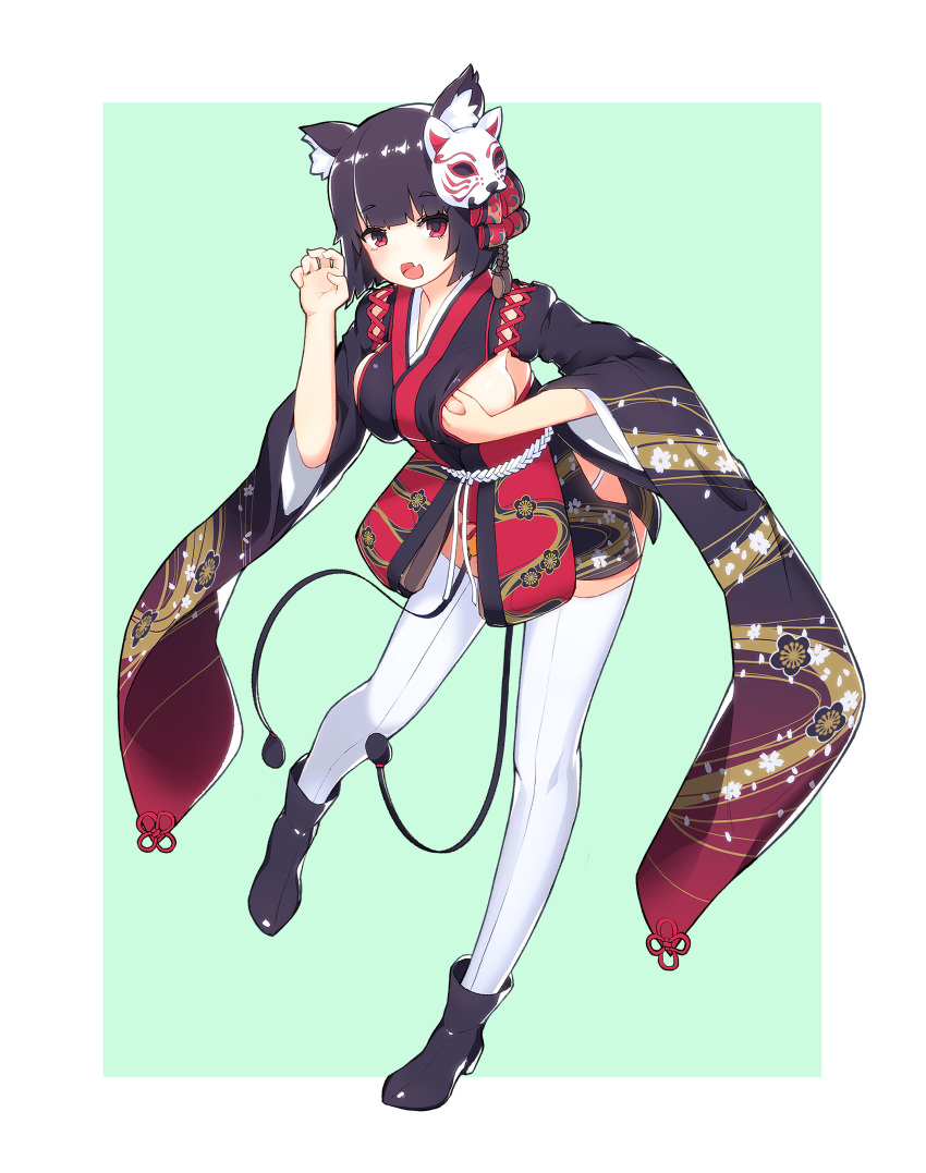 1girl :d absurdres azur_lane black_footwear black_hair blush boots border breasts cat_mask claw_pose fang full_body grabbing_own_breast green_background highres japanese_clothes kimono kimono_skirt long_sleeves looking_at_viewer mask mask_on_head medium_hair pepper0 red_eyes sideboob skin_fang smile solo standing standing_on_one_leg thighhighs white_border white_thighhighs wide_sleeves yamashiro_(azur_lane)