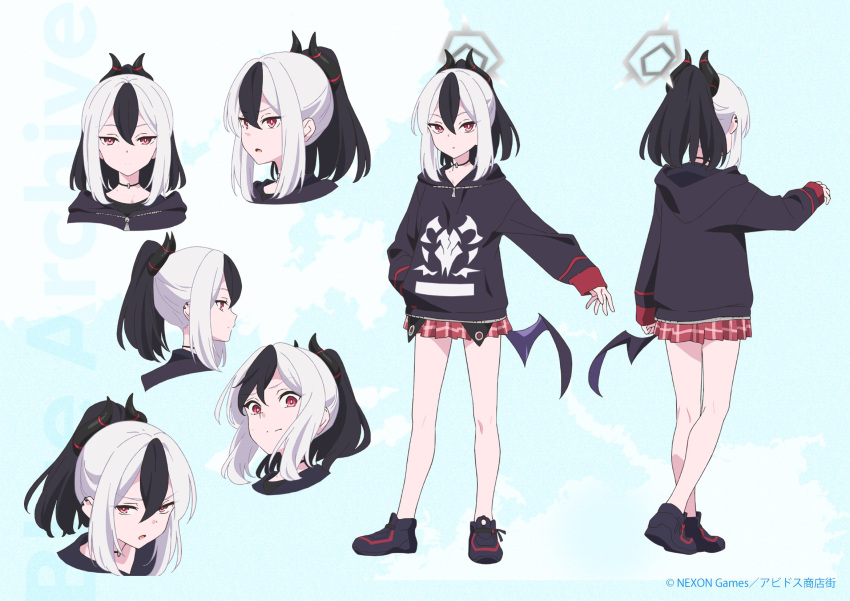 1girl black_footwear black_hair black_horns black_jacket black_wings blue_archive closed_mouth demon_horns grey_hair grey_halo halo highres hood hooded_jacket horns jacket kayoko_(blue_archive) long_hair long_sleeves multiple_views official_art pleated_skirt ponytail red_eyes red_skirt shoes single_wing skirt wings