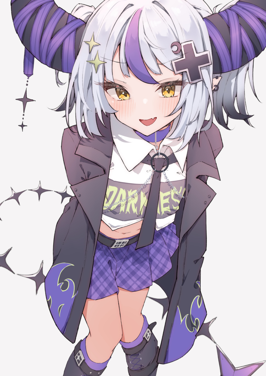 1girl absurdres airenif arms_behind_back black_bow black_bowtie blush bow bowtie choker crescent crescent_hair_ornament cropped_shirt cross_hair_ornament demon_horns ear_piercing fang feet_out_of_frame hair_ornament highres hololive horns jacket la+_darknesss la+_darknesss_(3rd_costume) looking_at_viewer official_alternate_costume open_clothes open_jacket parted_lips piercing plaid plaid_skirt pleated_skirt pointy_ears purple_choker purple_hair purple_skirt short_hair simple_background skin_fang skirt solo star_(symbol) star_hair_ornament virtual_youtuber white_background white_hair yellow_eyes