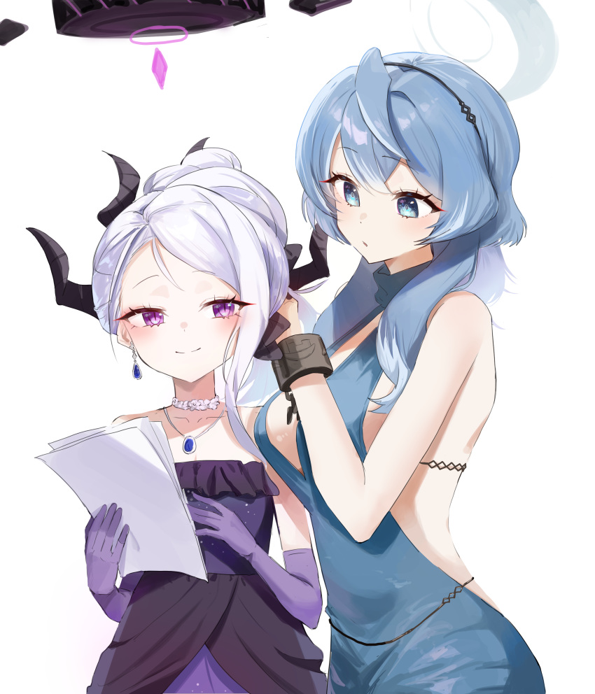 2girls absurdres ako_(blue_archive) ako_(dress)_(blue_archive) backless_dress backless_outfit black_hairband black_horns blue_archive blue_dress blue_eyes blue_hair blue_halo blush breasts closed_mouth collarbone dangle_earrings demon_horns dress earrings elbow_gloves gloves hairband halo highres hina_(blue_archive) hina_(dress)_(blue_archive) holding holding_paper horns jewelry large_breasts long_hair multiple_girls multiple_horns necklace nonoa official_alternate_costume paper parted_lips pendant purple_dress purple_eyes purple_gloves simple_background sleeveless sleeveless_dress smile strapless strapless_dress white_background white_hair