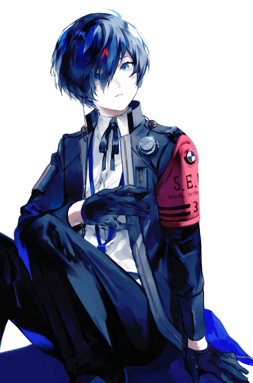 1boy absurdres black_gloves black_pants black_suit blue_eyes eyelashes gloves hair_over_one_eye highres lor_(roasyerizyonirapi) male_focus pants parted_lips persona persona_3 persona_3_reload shirt short_hair simple_background sitting solo suit white_background white_shirt yuuki_makoto