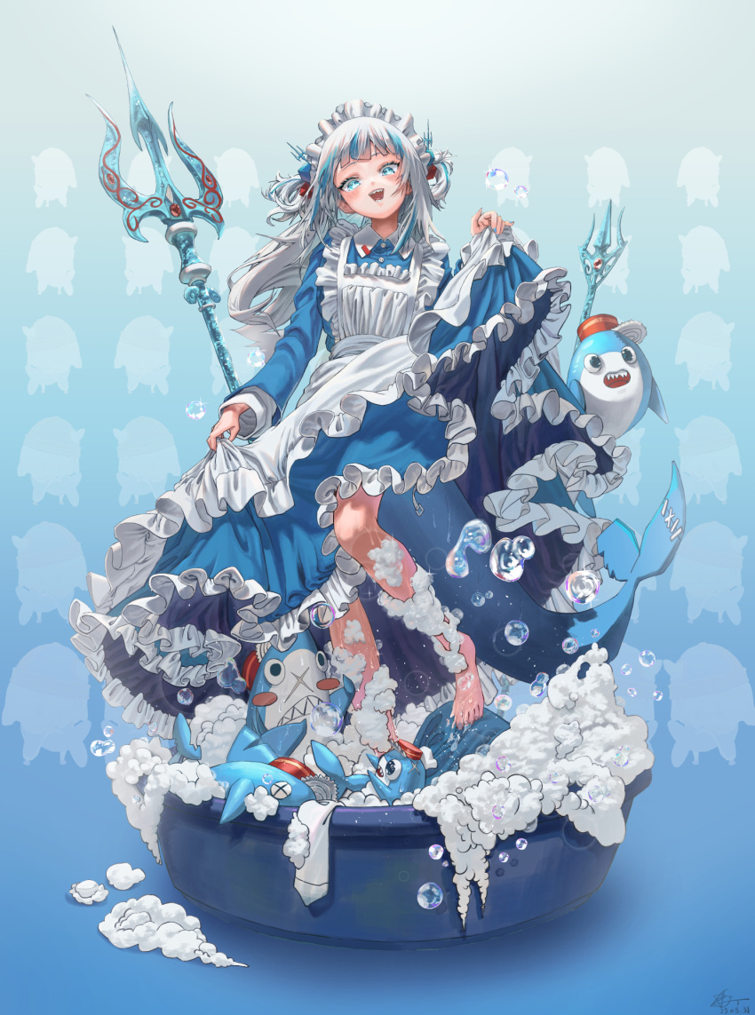 1girl :d alternate_costume barefoot bloop_(gawr_gura) blue_eyes blue_hair blue_nails blush bubble enmaided fins fish_tail gawr_gura highres hololive hololive_english long_hair looking_at_viewer maid maid_headdress multicolored_hair polearm s.jeti shark_tail sharp_teeth smile solo tail teeth trident two-tone_hair virtual_youtuber weapon white_hair