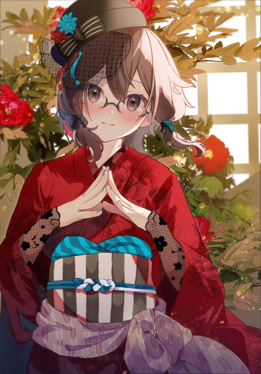 1girl absurdres asada_shino blush brown_eyes brown_hair flower flower_request glasses hat head_tilt highres japanese_clothes kimono lace_sleeves looking_at_viewer nail_polish obi own_hands_together plant sash smile solo sword_art_online wide_sleeves window yuuka0922