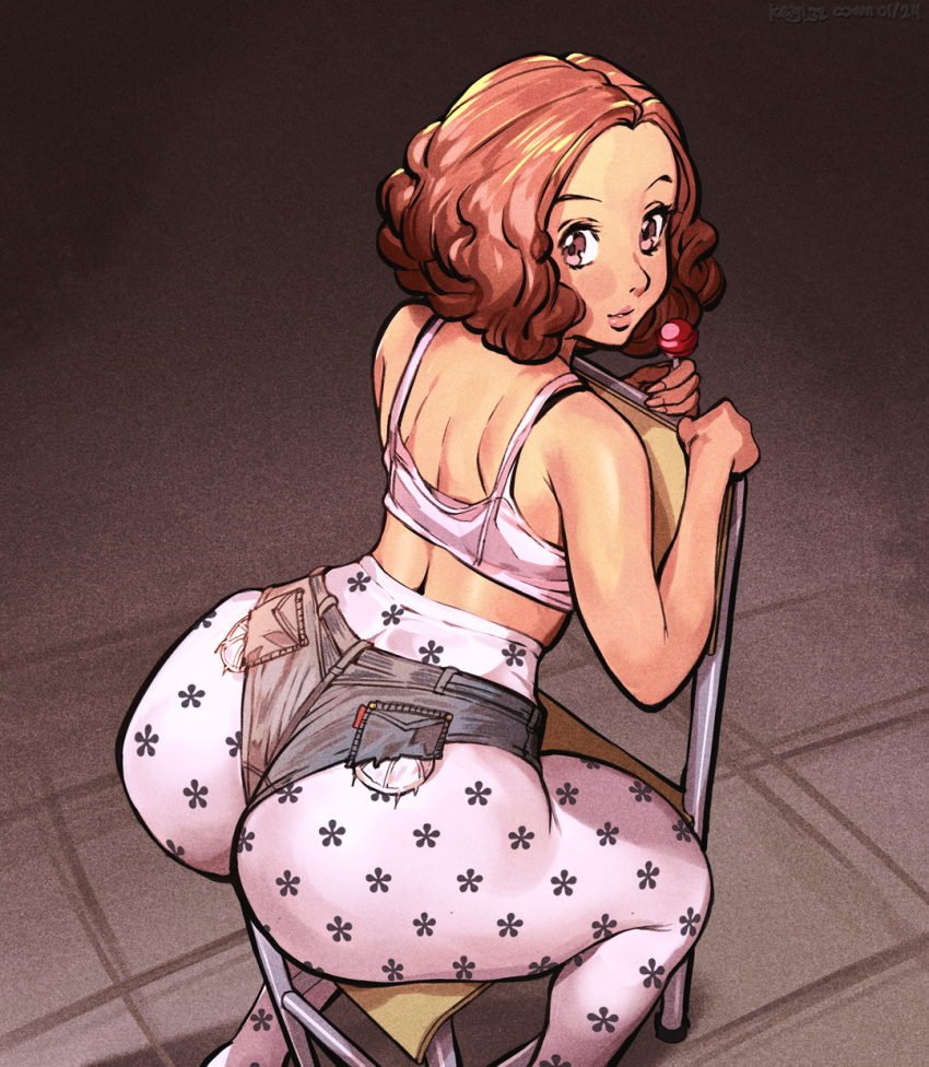 1girl ass back bare_shoulders candy chair food from_behind highres keigi lollipop looking_at_viewer okumura_haru pantyhose pantyhose_under_shorts persona persona_5 shorts solo