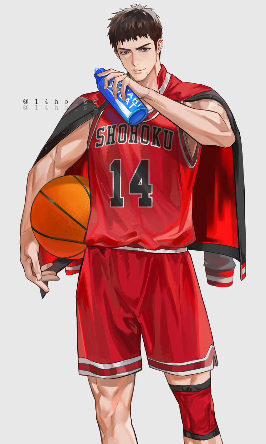14ho_sd 1boy ball basketball_(object) basketball_jersey basketball_uniform black_eyes black_hair bottle carrying carrying_under_arm cowboy_shot grey_background highres holding holding_ball jacket jacket_on_shoulders looking_at_viewer male_focus mitsui_hisashi red_shorts red_tank_top scar scar_on_chin scar_on_face short_hair shorts simple_background slam_dunk_(series) smile solo sportswear tank_top water_bottle