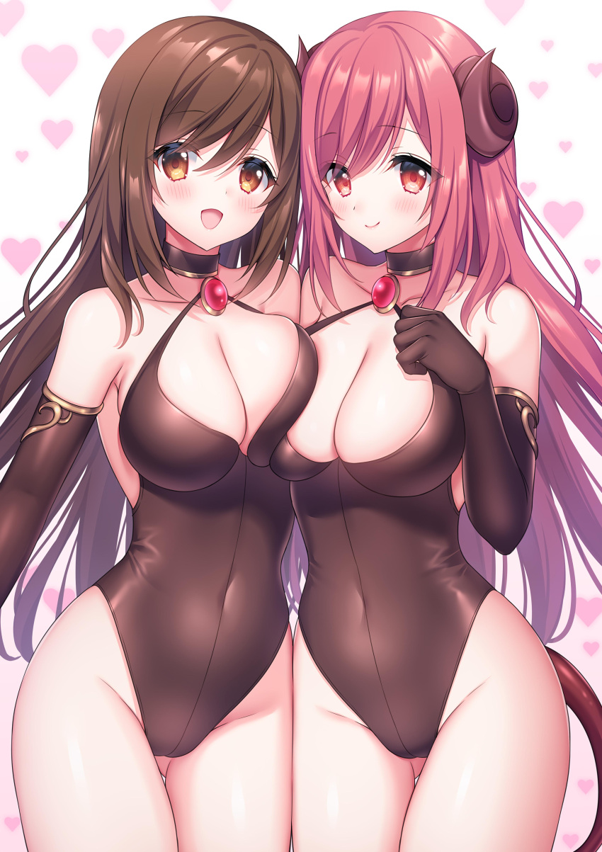 2girls :d absurdres ass_visible_through_thighs bare_shoulders blush breasts brooch brown_eyes brown_gloves brown_hair brown_leotard cleavage closed_mouth collarbone commission covered_navel cowboy_shot curled_horns demon_girl demon_horns demon_tail elbow_gloves gloves groin hair_between_eyes hand_up heart heart_background highres horns io_(princess_connect!) io_(real)_(princess_connect!) jewelry large_breasts leotard long_hair looking_at_viewer multiple_girls open_mouth pixiv_commission princess_connect! red_eyes red_hair sacraneco simple_background smile tail tareme thick_thighs thighs very_long_hair white_background