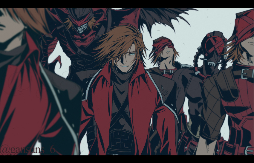 absurdres aqua_eyes armor belt black_shirt brown_hair chest_strap closed_mouth covered_eyes crisis_core_final_fantasy_vii dirge_of_cerberus_final_fantasy_vii final_fantasy final_fantasy_vii genesis_rhapsodos hair_over_one_eye highres jacket long_sleeves looking_at_viewer male_focus medium_hair multiple_boys one_eye_covered parted_lips red_jacket red_mask roku_(gansuns) shirt shoulder_armor turtleneck twitter_username upper_body wings