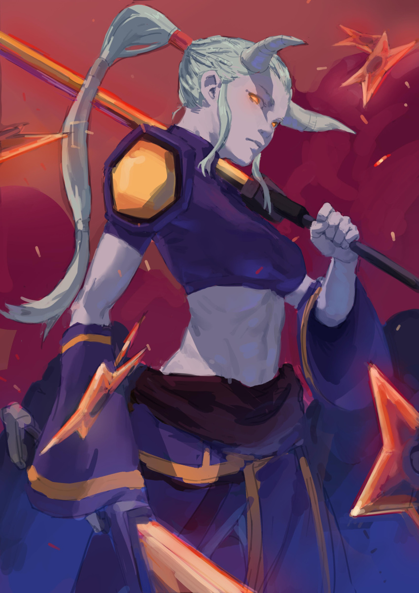 1girl absurdres breasts chinese_commentary colored_skin commentary_request cowboy_shot cropped_shirt dead_cells detached_sleeves dual_persona green_hair grey_skin hair_tubes high_ponytail highres holding holding_sword holding_weapon horns medium_breasts midriff orange_eyes pants profile purple_pants shuriken sidelocks solipsist solo sword time_keeper_(dead_cells) turtleneck weapon