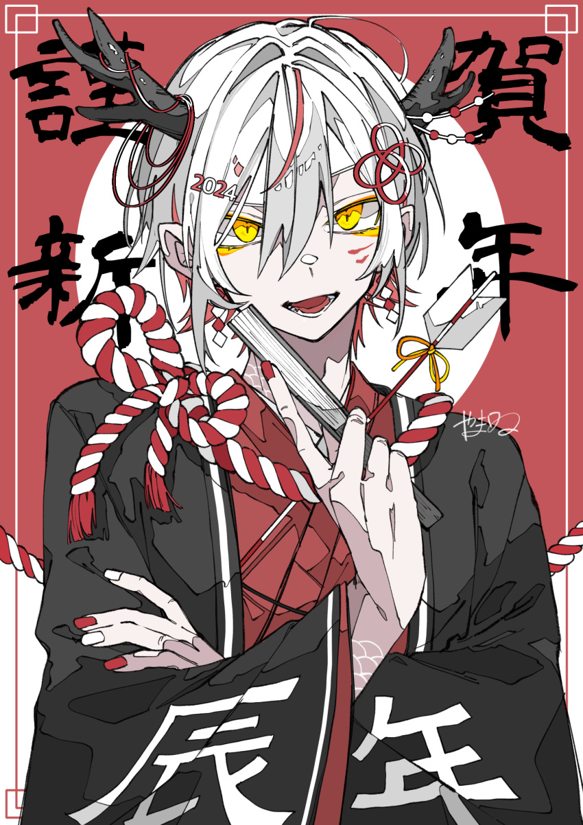 1boy 2024 antlers arrow_(projectile) artist_name black_haori chinese_zodiac crossed_arms dated dragon_boy hair_between_eyes hair_ornament hamaya hand_fan hands_up haori highres holding holding_arrow holding_fan horn_ornament horn_ribbon horns japanese_clothes kimono kouhaku_nawa long_sleeves looking_at_viewer male_focus multicolored_background multicolored_hair new_year open_mouth original paper_fan pointy_ears red_background red_hair red_kimono red_nails ribbon rope scales shide shimenawa sidelocks signature solo streaked_hair translation_request upper_body white_background white_hair white_nails wide_sleeves yamatoi_19 year_of_the_dragon yellow_eyeliner yellow_eyes