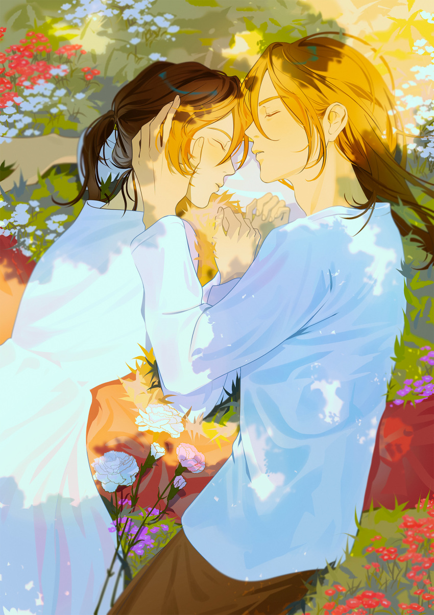 1boy 1girl black_hair brown_hair brown_pants choyiii couple cuddling dress eren_yeager field flower flower_field hair_between_eyes hand_in_another's_hair hetero highres long_hair long_sleeves lying mikasa_ackerman nature on_side outdoors pants purple_flower red_flower scar scar_on_cheek scar_on_face shingeki_no_kyojin shirt sleeping upper_body white_dress white_flower white_shirt