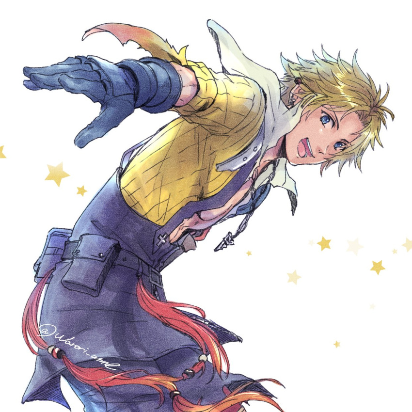 1boy black_gloves black_overalls blonde_hair blue_eyes chain_necklace earrings final_fantasy final_fantasy_x gloves highres jacket jewelry male_focus necklace open_clothes open_jacket open_mouth overalls short_hair smile star_(symbol) sweater teeth tidus twitter_username warori_anne white_background yellow_jacket