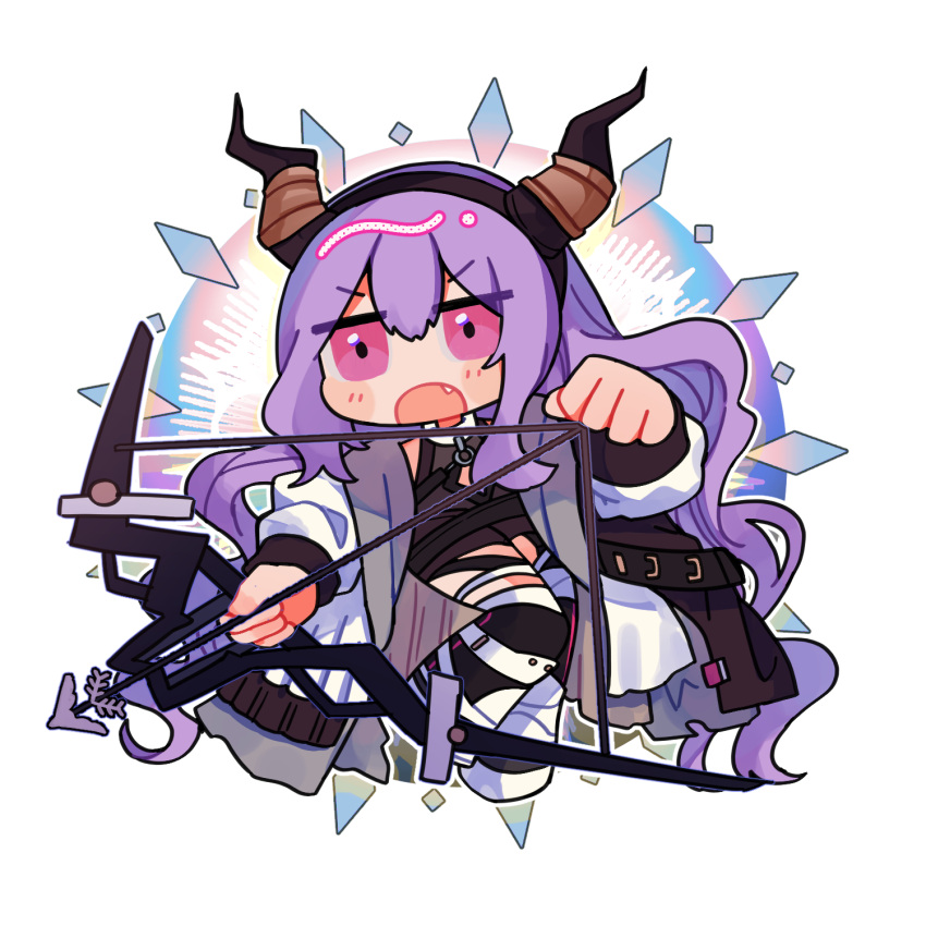 1girl :o arknights arrow_(projectile) black_leotard black_socks blush_stickers boots bow_(weapon) chibi commission diamond_(shape) drawing_bow fake_horns fang hair_between_eyes highres holding holding_bow_(weapon) holding_weapon horn_hairband horns jacket jitome kneehighs leotard long_hair long_sleeves looking_ahead low_twintails open_clothes open_jacket open_mouth pink_eyes purple_hair simple_background socks solo sshooooe tumblr_username twintails typhon_(arknights) v-shaped_eyebrows very_long_hair watermark weapon white_background white_footwear white_jacket