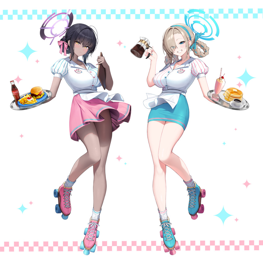 2girls alternate_costume alternate_hairstyle apron asuna_(blue_archive) black_hair blue_archive blue_eyes blue_ribbon blue_skirt blush breasts burger coffee_cup coffee_pot cup disposable_cup food french_fries full_body hair_ribbon hairband halo highres holding holding_tray karin_(blue_archive) large_breasts light_brown_hair looking_at_viewer milkshake multiple_girls pancake pancake_stack pencil_skirt pink_ribbon pink_skirt puffy_short_sleeves puffy_sleeves ribbon roller_skates short_hair short_sleeves simple_background skates skirt smile soda_bottle standing tray waist_apron waitress white_apron yuri_(chocho_q)