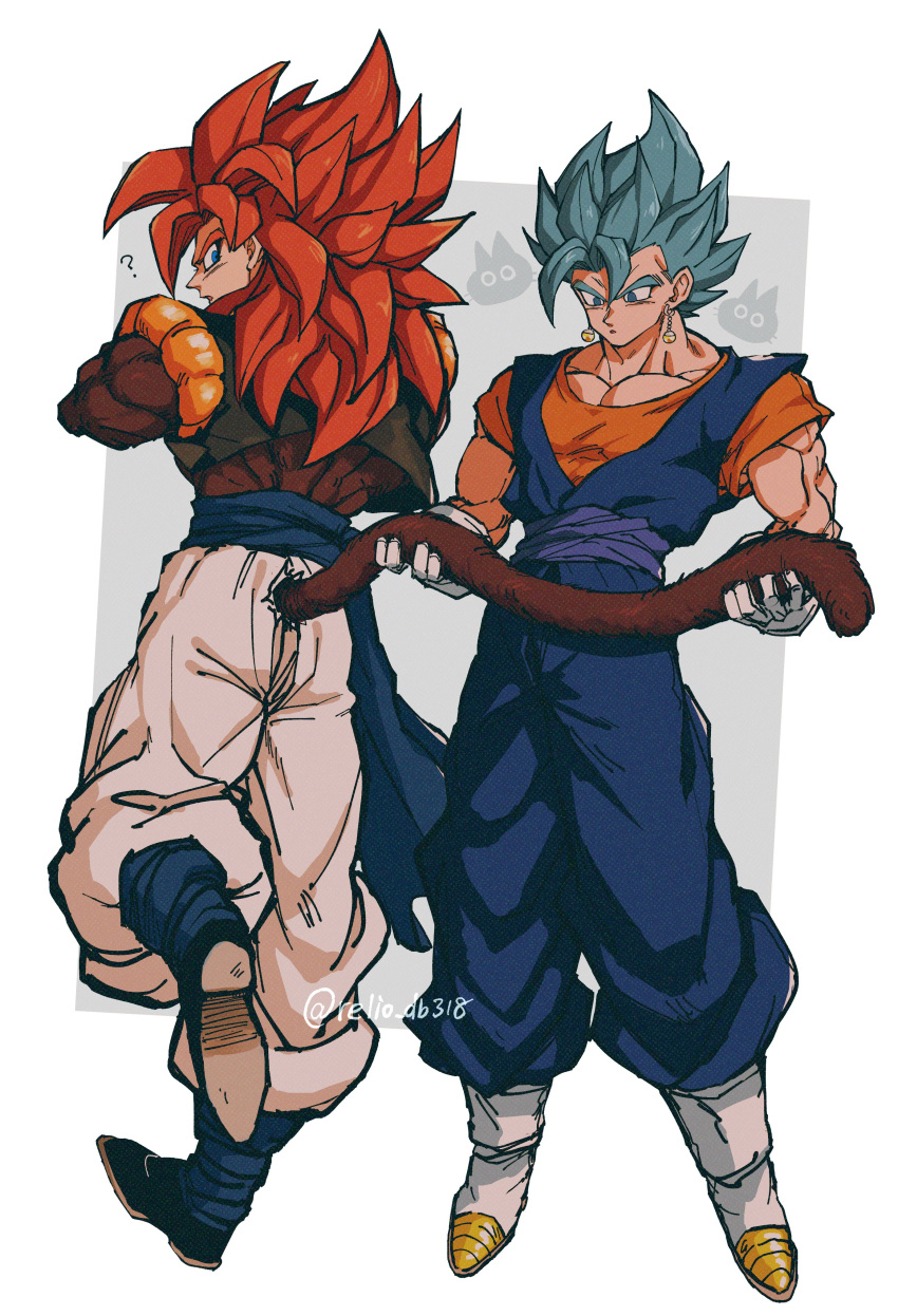 absurdres biceps black_wristband blue_eyes blue_sash body_fur dragon_ball dragon_ball_gt dragon_ball_super earrings gogeta highres jewelry male_focus metamoran_vest monkey_boy monkey_tail muscular muscular_male no_nipples pants pectorals potara_earrings red_hair relio_db318 sash simple_background spiked_hair super_saiyan super_saiyan_4 super_saiyan_blue tail vegetto white_pants