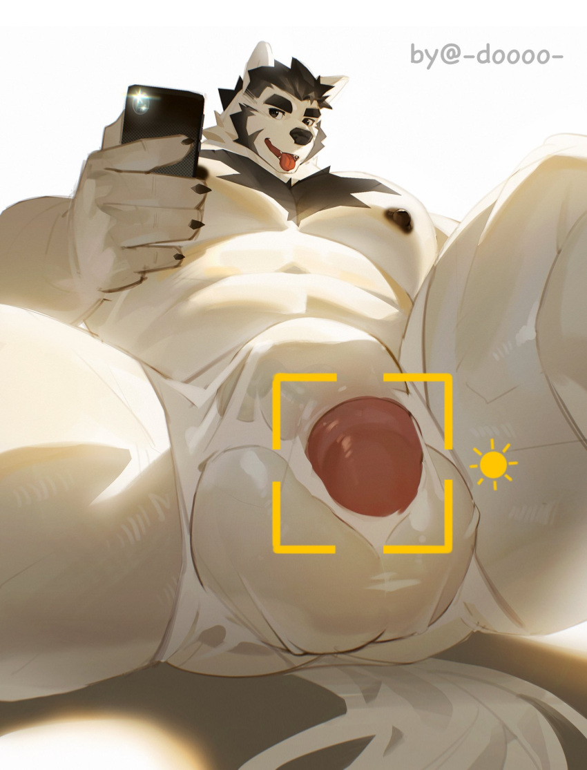 anthro balls bear between_thighs big_muscles bulge doooo2424 electronics genital_outline genitals hi_res huge_muscles low-angle_view male mammal muscular muscular_male pecs penis penis_outline phone solo white_body