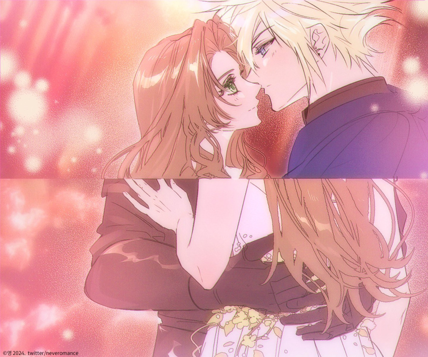 1boy 1girl aerith_gainsborough aerith_gainsborough_(white_floral_dress) arms_around_waist bare_arms black_gloves black_shirt blonde_hair blue_cloak blue_eyes blurry blurry_background brown_hair cloak closed_mouth cloud_strife couple dated derivative_work dress dress_flower earrings final_fantasy final_fantasy_vii final_fantasy_vii_rebirth flower gloves green_eyes hair_between_eyes hand_on_another's_arm hands_on_another's_back hetero highres imminent_kiss jewelry light_blush long_hair neveromance parted_bangs romeo_and_juliet rose shirt short_hair sidelocks single_earring spiked_hair twitter_username upper_body wavy_hair white_dress yellow_flower yellow_rose