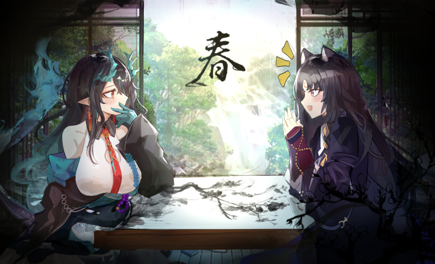 2girls :d animal_ears arknights arm_guards black_hair black_jacket black_kimono blush breasts brown_eyes collared_dress commentary_request day dog_ears dragon_girl dragon_horns dragon_tail dress dusk_(arknights) earrings facial_mark forehead_mark hand_to_own_mouth horns indoors jacket japanese_clothes jewelry kimono kyushi_(user_41158199) long_hair long_sleeves medium_breasts multiple_girls notice_lines parted_bangs pointy_ears red_eyes saga_(arknights) sleeveless sleeveless_dress smile table tail upper_body very_long_hair white_dress wide_sleeves
