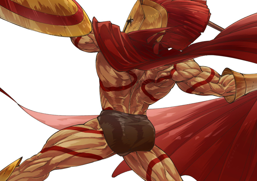 1boy aiming ass bara biceps cape fate/grand_order fate_(series) fighting_stance full-body_tattoo greco-roman_clothes helmet highres holding holding_polearm holding_weapon leonidas_(fate) male_focus male_swimwear manly mature_male muscular muscular_male polearm roman_clothes shield sib_(utau7) simple_background solo spear swim_briefs tattoo thick_arms thick_thighs thighs weapon white_background