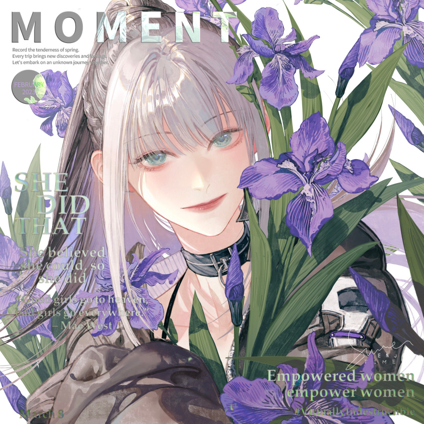 1girl absurdres acyantree aqua_eyes baiyi_(path_to_nowhere) black_choker blunt_bangs braid choker cover english_text fake_magazine_cover flower gradient_hair grey_hair grey_jacket high_ponytail highres iris_(flower) jacket leaf long_hair looking_at_viewer magazine_cover multicolored_hair path_to_nowhere purple_flower red_lips side_braid single_hair_intake smile solo two-sided_fabric updo upper_body white_hair