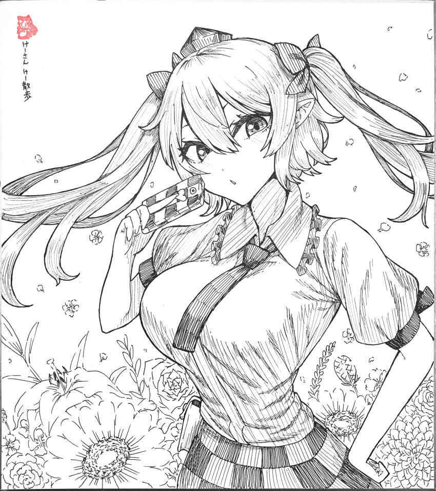 1girl absurdres breasts flower greyscale hat highres himekaidou_hatate holding holding_phone ke-su looking_at_viewer monochrome necktie phone pointy_ears puffy_short_sleeves puffy_sleeves short_sleeves solo tokin_hat touhou traditional_media twintails upper_body