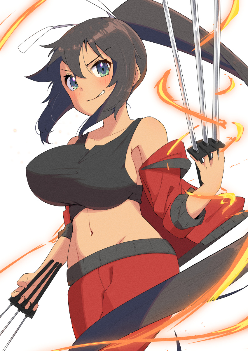 1girl absurdres armpit_crease black_hair black_sports_bra blush bouncing_breasts breasts dark-skinned_female dark_skin emma_(3one3o) fire fuchi_(hilt) green_eyes groin hair_between_eyes hair_ribbon high_ponytail highres holding holding_sword holding_weapon homura_(senran_kagura) jacket katana large_breasts linea_alba long_hair looking_at_viewer multiple_swords multiple_wielding navel open_clothes open_jacket pants ponytail red_jacket red_pants red_track_suit ribbon senran_kagura senran_kagura_new_link senran_kagura_shoujo-tachi_no_shin'ei sidelocks simple_background smile smirk solo sports_bra sword tan track_jacket track_suit tsuba_(guard) tsuka-ito tsuka_(handle) v-shaped_eyebrows very_long_hair weapon white_background white_ribbon