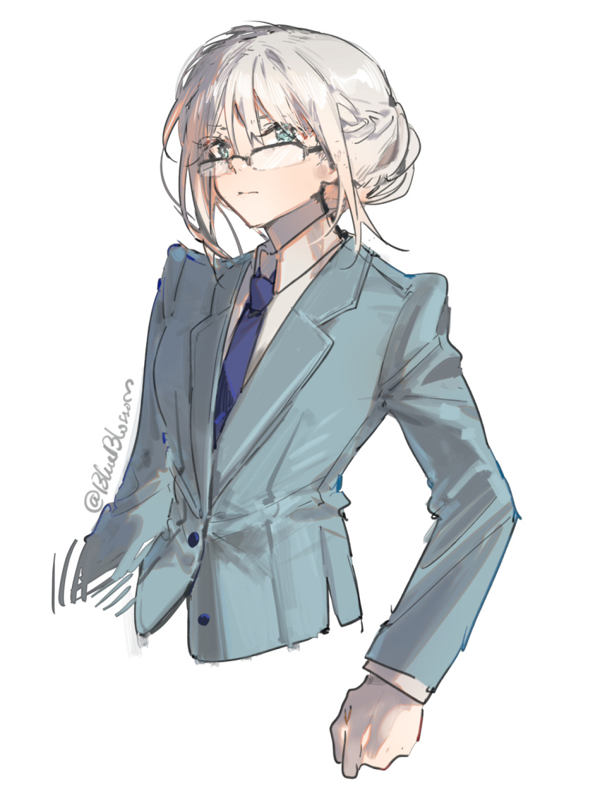 1girl an-94_(antje)_(girls'_frontline) an-94_(girls'_frontline) aqua_eyes aqua_jacket blue_necktie blueblossom business_suit closed_mouth collared_shirt english_commentary formal girls'_frontline glasses highres jacket long_hair long_sleeves looking_at_viewer necktie official_alternate_costume shirt signature simple_background solo suit white_background white_hair white_shirt