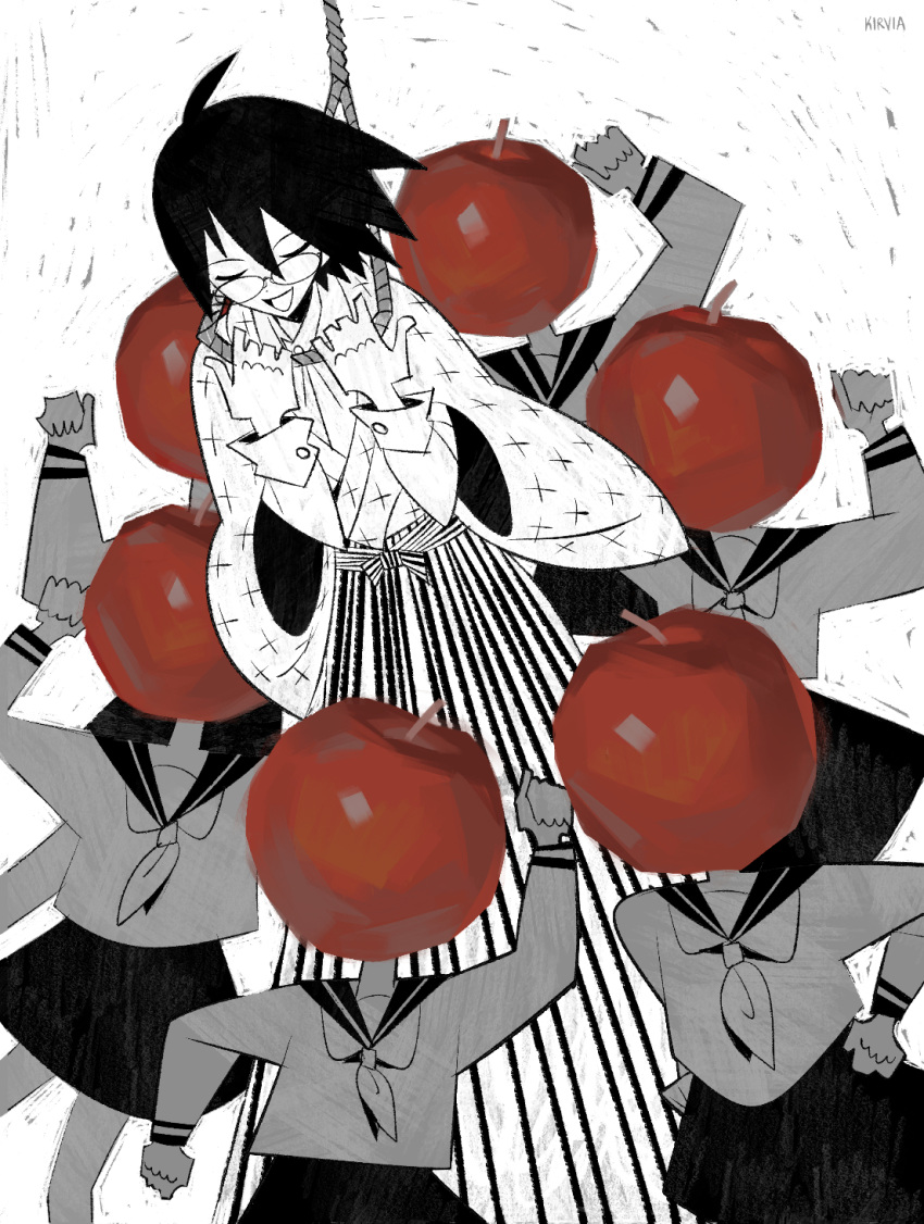 1boy 6+girls ahoge apple artist_name clenched_hands closed_eyes commentary dancing dress_shirt facing_viewer feet_out_of_frame food fruit glasses greyscale hair_between_eyes hakama hakama_skirt hands_up highres holding holding_rope imminent_suicide itoshiki_nozomu japanese_clothes kimono kirvias_(kirvia) long_sleeves medium_hair monochrome multiple_girls neckerchief noose object_head print_kimono rope rope_around_neck sayonara_zetsubou_sensei school_uniform serafuku shirt skirt smile spot_color surreal surrounded taishou wide_sleeves