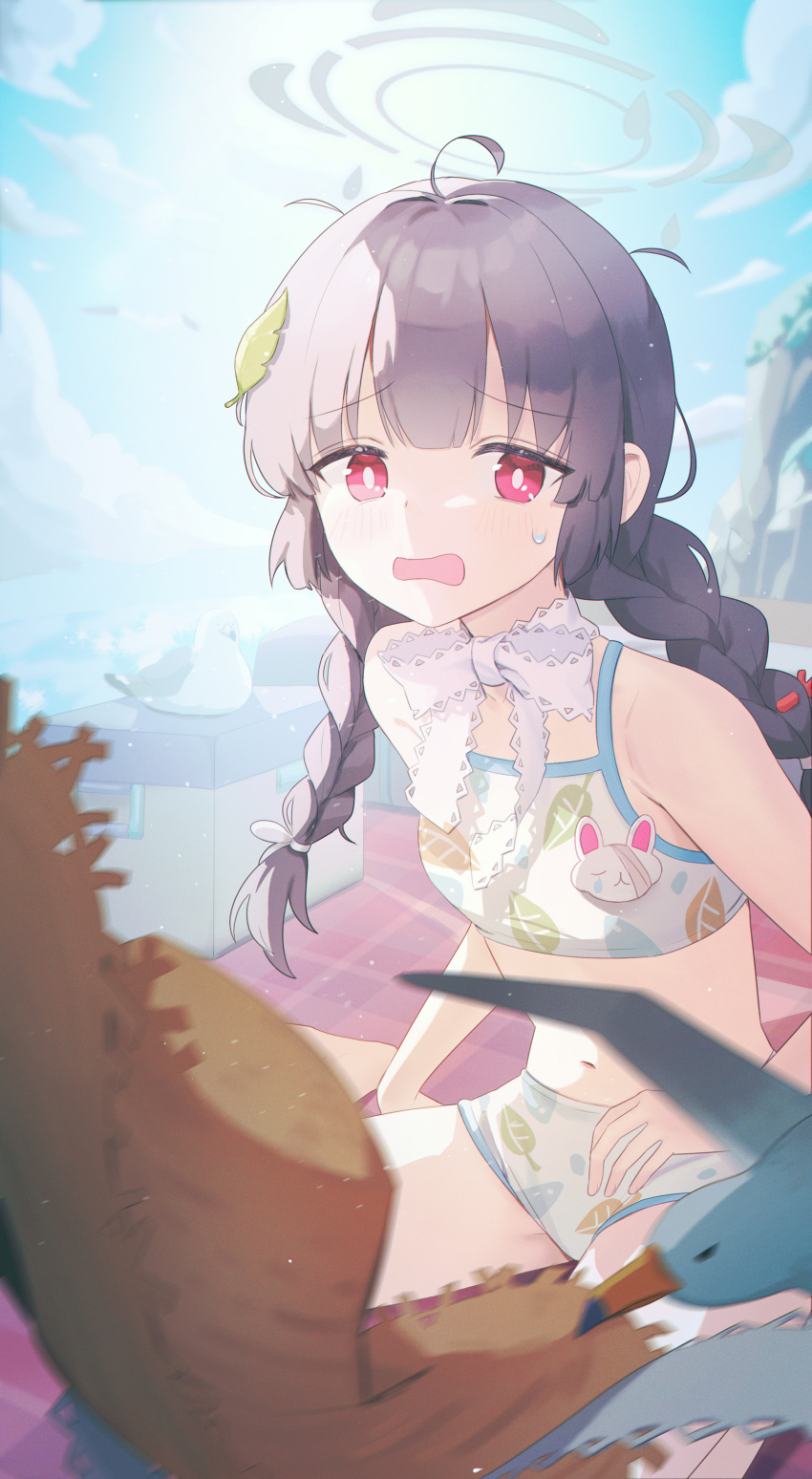 1girl absurdres ahoge bikini bird black_hair blue_archive blue_sky blurry braid breasts bright_pupils cloud cloudy_sky commentary_request depth_of_field didi_(didi_h3) grey_halo halo hat highres lace leaf leaf_on_head leaf_print long_hair looking_at_viewer miyu_(blue_archive) miyu_(swimsuit)_(blue_archive) navel neck_ribbon official_alternate_costume open_mouth outdoors print_bikini red_eyes ribbon seagull sitting sky small_breasts solo straw_hat sweatdrop swimsuit twin_braids unworn_headwear wariza white_bikini white_pupils white_ribbon yellow_headwear