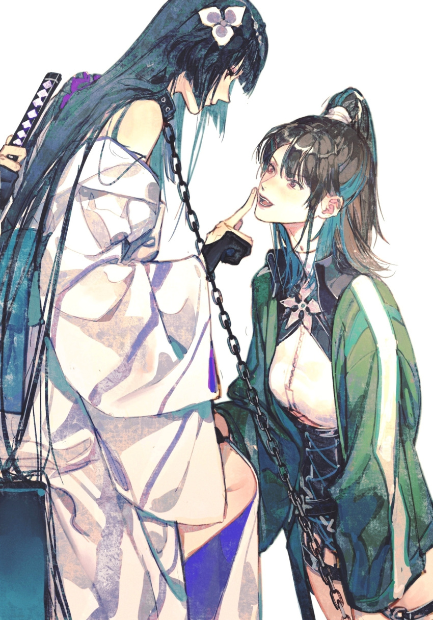 2girls acyantree artist_glove black_gloves black_hair black_leotard blunt_bangs blunt_ends breasts chain chinese_commentary collar collared_shirt colored_tips commentary cross-laced_leotard finger_to_mouth flower gekkabijin_(path_to_nowhere) gloves green_haori hair_flower hair_ornament haori highres hime_cut holding holding_weapon index_finger_raised japanese_clothes kimono leotard looking_at_another medium_breasts metal_collar multicolored_hair multiple_girls off_shoulder open_mouth partially_fingerless_gloves path_to_nowhere profile red_eyes shirt shushing side_ponytail simple_background streaked_hair sumire_(path_to_nowhere) thigh_strap two-sided_fabric weapon weapon_behind_back white_background white_kimono white_shirt
