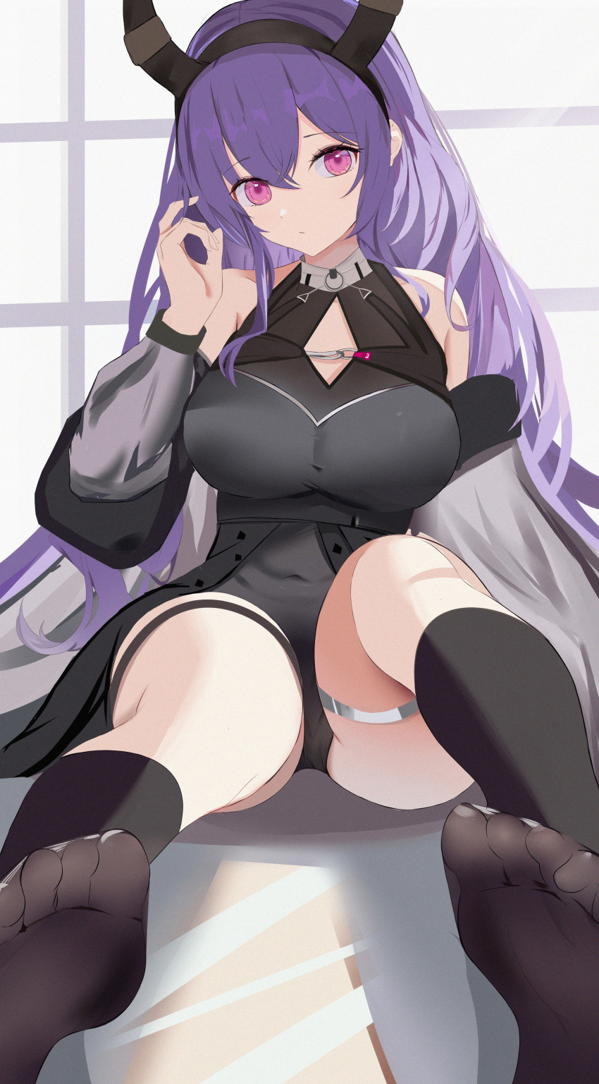 1girl absurdres arknights arm_at_side armpit_crease bare_shoulders bipup-hola black_leotard black_socks breasts cleavage_cutout closed_mouth clothing_cutout fake_horns feet foot_focus foreshortening full_body hair_between_eyes hand_in_own_hair hand_up head_tilt highres horn_hairband horns knee_up large_breasts legs_apart leotard long_hair looking_at_viewer over-kneehighs pink_eyes purple_hair sidelocks sitting socks soles solo thigh_strap thighhighs toes typhon_(arknights) very_long_hair