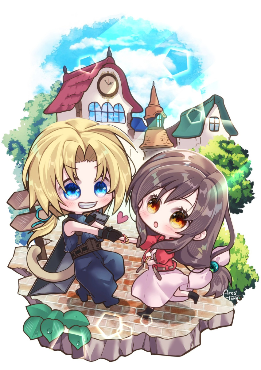 1boy 1girl aerith_gainsborough aerith_gainsborough_(cosplay) aqua_ribbon arestear0701 armor artist_name baggy_pants bangle belt blonde_hair blue_eyes blue_pants blue_shirt blush boots border bracelet brick_road brown_belt brown_eyes brown_hair building buster_sword chibi cloud_strife cloud_strife_(cosplay) cosplay cropped_jacket dress final_fantasy final_fantasy_ix final_fantasy_vii full_body garnet_til_alexandros_xvii grin hair_ribbon hand_on_own_chest heart highres holding_hands jacket jewelry leaf long_dress long_hair low-tied_long_hair low_ponytail materia monkey_tail outdoors pants parted_bangs parted_lips pink_dress pink_ribbon red_jacket ribbon shirt short_hair_with_long_locks shoulder_armor signpost single_bare_shoulder sleeveless sleeveless_turtleneck smile suspenders swept_bangs tail teeth town turtleneck weapon weapon_on_back white_border zidane_tribal