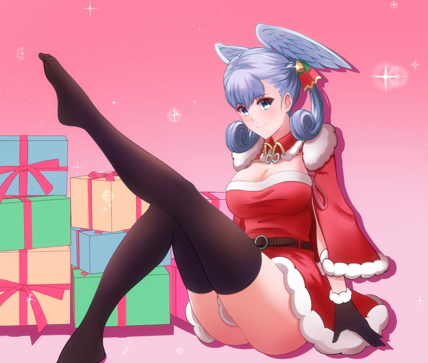 1girl absurdres blue_eyes breasts christmas curly_hair dress elbow_gloves feet_out_of_frame gloves head_wings highres holding holding_staff looking_at_viewer medium_breasts melia mercury_xeno silver_hair simple_background smile staff thigh_gap thighhighs twintails white_background xenoblade_(series) xenoblade_1