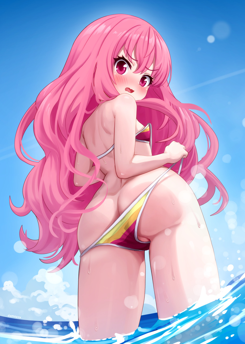 1girl absurdres ass ass_focus bikini blue_sky blush breasts commentary commission comodomodo day english_commentary from_below hair_between_eyes halterneck highres long_hair looking_at_viewer louise_francoise_le_blanc_de_la_valliere nose_blush ocean open_mouth outdoors pink_eyes pink_hair pixiv_commission sky small_breasts solo swimsuit untied_bikini untied_bikini_top v-shaped_eyebrows wading wavy_hair zero_no_tsukaima