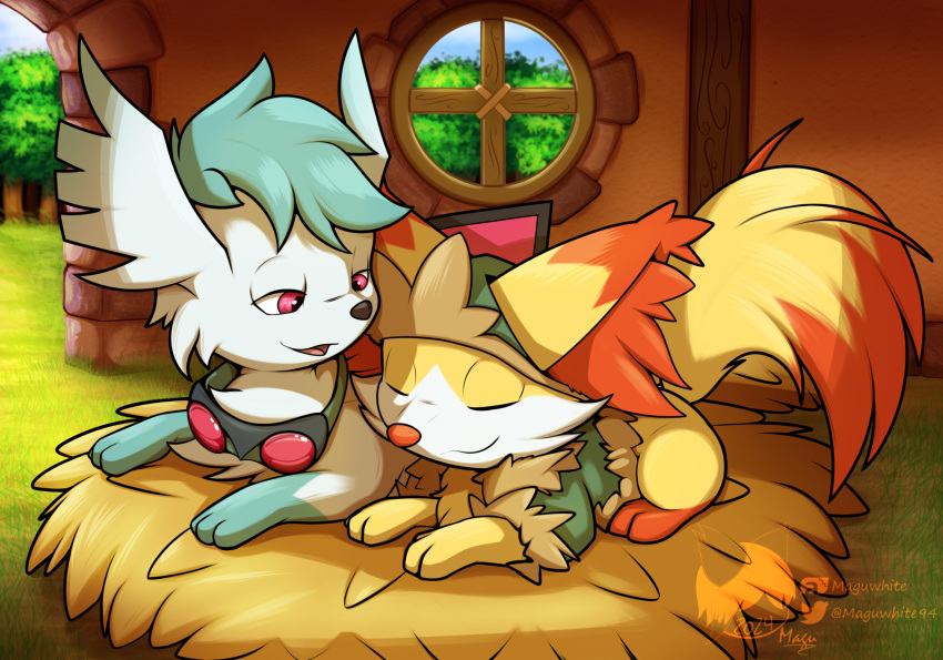 bed big_ears clothed clothed_feral clothing comfy detailed_background digital_media_(artwork) duo eyewear eyewear_around_neck eyewear_only fan_character fennekin feral fluffy fur furniture generation_4_pokemon generation_6_pokemon goggles goggles_around_neck goggles_only green_body green_fur hi_res legendary_pokemon loaf lying maguwhite_(artist) male male/male mammal markings nintendo nude open_mouth paws pokemon pokemon_(species) pokemon_mystery_dungeon quadruped red_body red_eyes red_fur resting shaymin shrike_(shaymin) sky_forme_shaymin smile straw_bed tail topwear white_body white_fur yellow_body yellow_fur