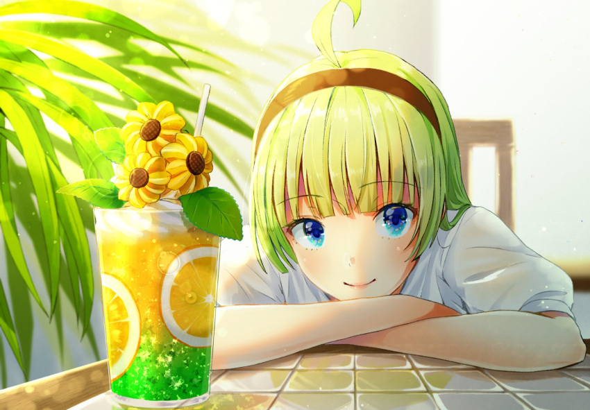 1girl ahoge arms_on_table black_hairband blue_eyes blunt_bangs chair closed_mouth commentary_request crossed_arms cup disposable_cup drinking_straw eyelashes flower food fruit green_hair hairband highres idolmaster idolmaster_million_live! leaf leaning_forward lemon lemon_slice light_blush looking_at_viewer medium_hair pink_lips plant potted_plant puffy_short_sleeves puffy_sleeves shimabara_elena shirt short_sleeves sitting smile solo sunflower sunlight tiles upper_body whipped_cream white_shirt white_sleeves witoi_(roa) yellow_flower