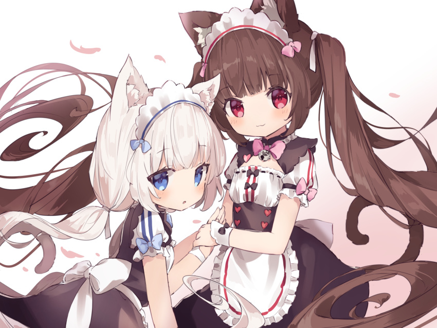 2girls :3 :o animal_ear_fluff animal_ears apron back_bow bangs bell bell_choker black_bow black_skirt blue_bow blue_eyes blunt_bangs blush bow brown_hair cat_ears cat_girl cat_tail chocola_(sayori) choker closed_mouth double-breasted frilled_apron frilled_sleeves frills fujii_shino high-waist_skirt highres holding_hand jingle_bell long_hair looking_at_viewer low_twintails maid_dress maid_headdress multiple_girls nekopara pink_bow pink_eyes puffy_short_sleeves puffy_sleeves short_sleeves siblings sisters skirt tail twintails vanilla_(sayori) very_long_hair waist_apron white_apron white_hair wrist_cuffs