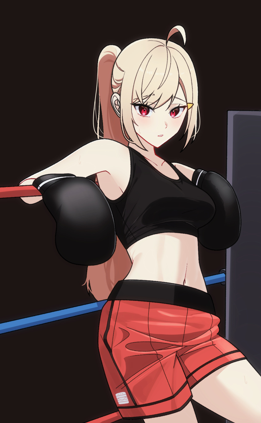 1girl absurdres ahoge black_tank_top blonde_hair boxing_gloves boxing_ring boxing_shorts breasts crop_top hair_ornament hairclip highres jingburger jirari leaning_back long_hair looking_at_viewer medium_breasts midriff navel ponytail red_eyes red_shorts shorts solo tank_top very_long_hair virtual_youtuber waktaverse