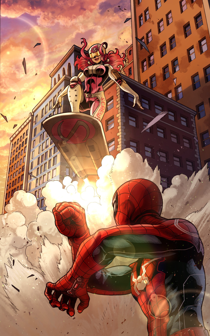 1boy 1girl absurdres bodysuit breasts clenched_hand cloud floating_hair gloves helmet highres hoverboard lens_flare marvel mask medium_breasts official_art onomae_yuu oosawa_yuusuke pink_bodysuit red_bodysuit red_gloves red_hair red_lips screwball_(marvel) sidelocks sky smile smoke spider-man spider-man:_itsuwari_no_aka spider-man_(series) spider_web_print