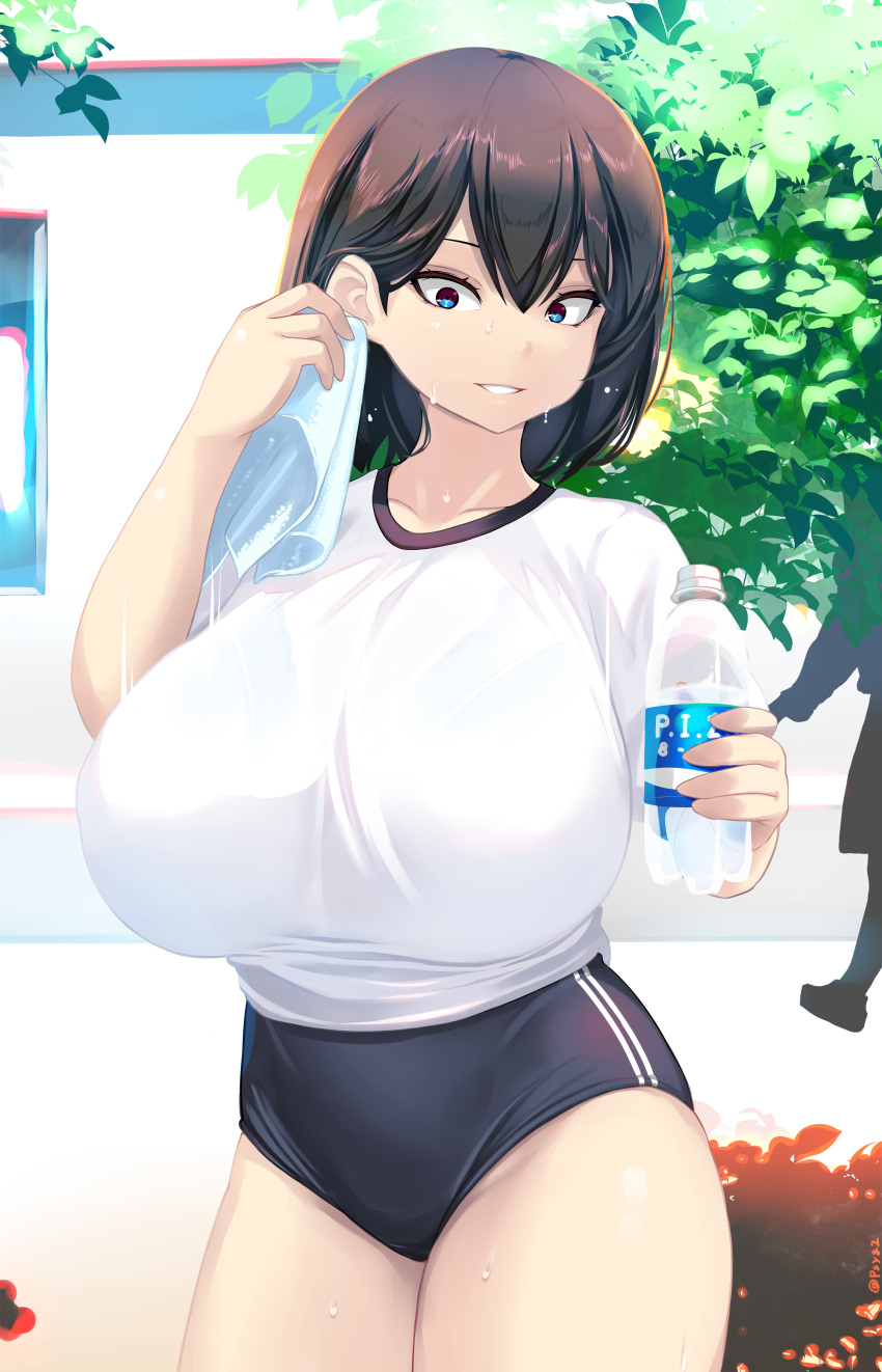 1boy 1girl absurdres black_shorts blue_bra blue_eyes bottle bra bra_visible_through_clothes branch breasts brown_hair buruma gym_shirt gym_shorts gym_uniform hayakawa_mayumi highres holding holding_bottle holding_towel large_breasts leaf looking_at_viewer medium_hair original shiki_(psychedelic_g2) shirt shirt_tucked_in shorts smile solo_focus sweat towel underwear wiping_face wiping_sweat