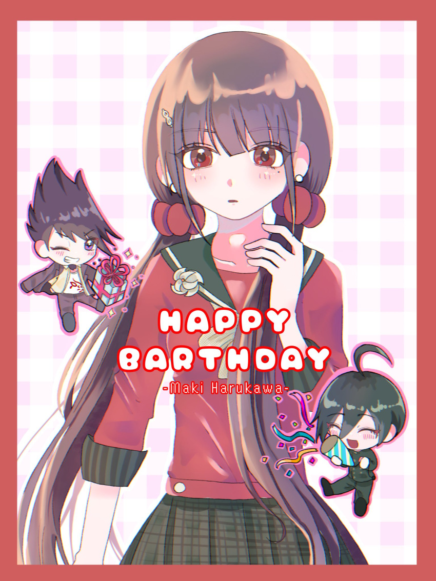 1girl 2boys :d ;d black_sailor_collar blush border brown_hair chi_~ikama chibi collarbone d: danganronpa_(series) danganronpa_v3:_killing_harmony grin hair_ornament hair_scrunchie hairclip happy_birthday harukawa_maki highres long_hair low_twintails mole mole_under_eye momota_kaito multiple_boys one_eye_closed plaid plaid_skirt pleated_skirt red_border red_eyes saihara_shuichi sailor_collar scrunchie skirt smile teeth twintails white_background