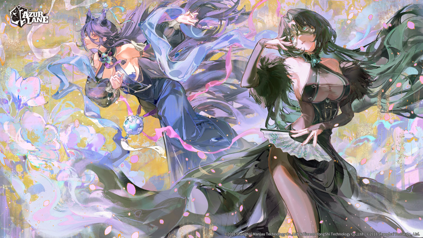 2girls absurdres azur_lane bare_shoulders black_dress black_hair blue_dress breasts chi_an_(azur_lane) china_dress chinese_clothes closed_mouth company_connection company_name copyright_name dress feather_trim floral_background green_eyes highres holding huan_ch'ang_(azur_lane) kei_(keiuu) large_breasts lips logo long_dress long_hair looking_at_viewer mask multiple_girls official_art parted_lips petals purple_eyes purple_hair second-party_source see-through sleeveless sleeveless_dress smile