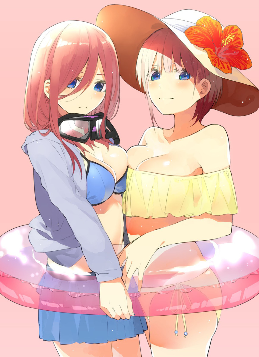 2girls bangs bare_shoulders bare_thighs bikini bikini_skirt bikini_under_clothes blue_bikini blue_eyes blue_jacket blue_skirt breast_press breasts brown_hair cleavage closed_mouth collarbone commentary_request cowboy_shot eyebrows_behind_hair flower frown go-toubun_no_hanayome goggles goggles_around_neck hair_between_eyes haruba_negi hat hat_flower highres holding holding_innertube hood hood_down hooded_jacket innertube jacket large_breasts lavender_hair long_hair long_sleeves looking_at_viewer midriff multiple_girls nakano_ichika nakano_miku pink_background pleated_skirt shade shared_innertube short_hair siblings side-tie_bikini side-tie_bottom sidelocks sisters skirt smile snorkel strapless strapless_bikini sun_hat swimsuit symmetrical_docking yellow_bikini