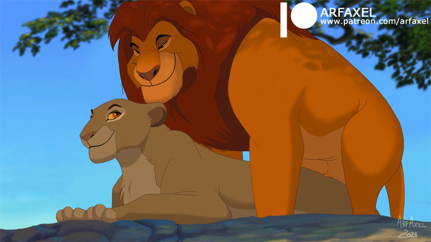 arf-fra brown_body brown_fur canon_couple day disney duo felid female feral feral_on_feral fur hair hi_res intraspecies lion lying male male/female mammal mane mufasa on_front outside pantherine red_hair sarabi_(the_lion_king) sky smile the_lion_king yellow_body yellow_eyes yellow_fur