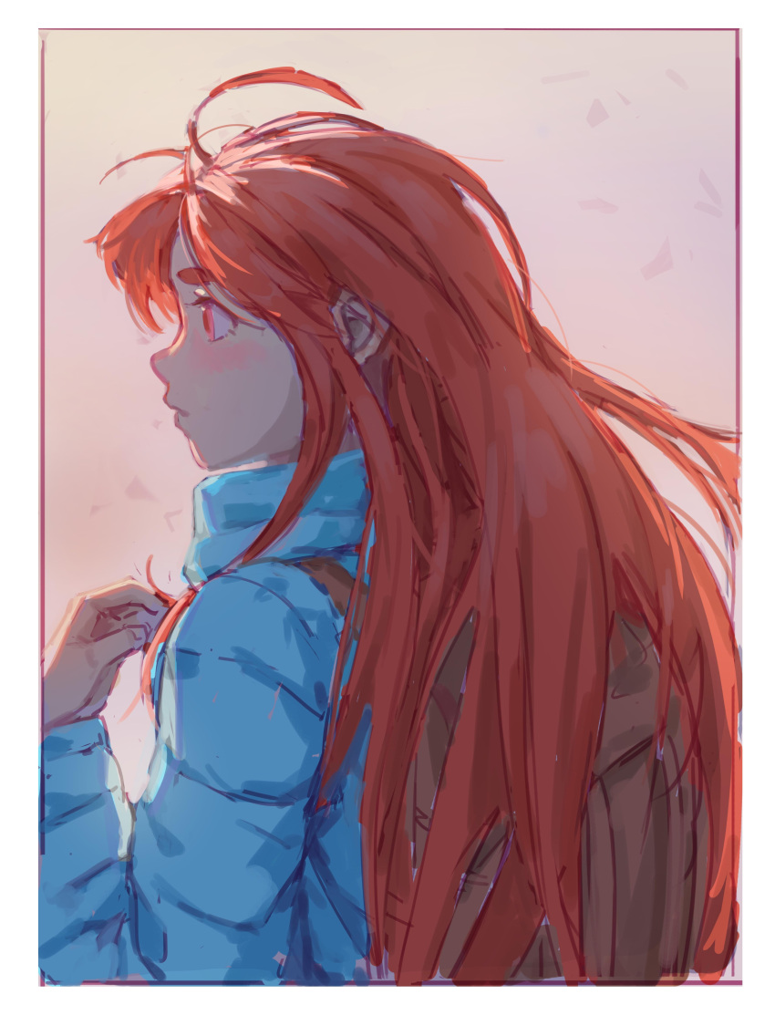 1girl absurdres ahoge backpack bag blue_jacket border celeste_(video_game) chinese_commentary coat commentary_request from_behind highres jacket long_hair madeline_(celeste) profile red_eyes red_hair solipsist solo upper_body white_border winter_clothes winter_coat