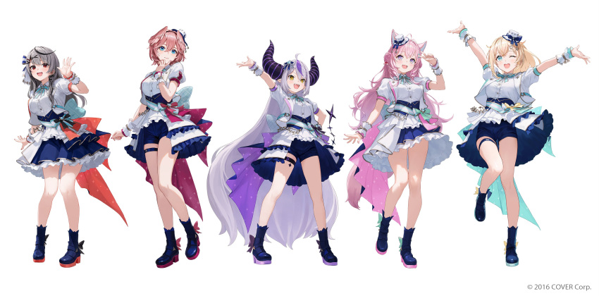 5girls :d ;d \o/ absurdly_long_hair absurdres ahoge animal_ears ankle_boots aqua_bow aqua_bowtie aqua_eyes aqua_gemstone aqua_sash arm_up arms_up back_bow beads black_bow black_hair black_horns blonde_hair blue_bow blue_corset blue_footwear blue_ribbon blue_shorts blue_skirt blunt_bangs blush boots bow bowtie braid braided_bangs braided_bun breasts brooch buttons collared_jacket commentary_request company_name copyright_notice corset crossed_bangs curly_hair demon_horns dot_nose double-parted_bangs double_bun dress_shirt ear_piercing earrings eyelashes fangs fingernails footwear_bow frilled_skirt frills full_body gold_ribbon gold_trim green_bow green_eyes green_ribbon green_skirt grey_hair hair_between_eyes hair_bow hair_bun hair_ornament hair_ribbon hair_tie hair_wings hairband hakui_koyori hand_on_own_chin hand_up hat hat_bow hexagon_hair_ornament high_heel_boots high_heels highres hololive hololive_idol_uniform_(bright) holox horns idol idol_clothes jacket jewelry kazama_iroha la+_darknesss lapel_pin lapels large_bow layered_skirt leg_up legs_apart long_bangs long_hair looking_ahead looking_at_viewer matsuo_shogo mini_hat multicolored_hair multiple_girls nail_polish notched_lapels official_alternate_costume official_art one_eye_closed open_clothes open_jacket open_mouth orange_ribbon orange_skirt outstretched_arm outstretched_arms overskirt piercing pigeon-toed pink_hair pink_ribbon pink_skirt plaid plaid_bow pointy_ears ponytail puffy_short_sleeves puffy_sleeves purple_bow purple_eyes purple_hair purple_nails purple_ribbon purple_skirt red_eyes red_nails red_ribbon ribbon sakamata_chloe sash sash_bow shirt short_hair short_shorts short_sleeves shorts showgirl_skirt side_braid sidelocks simple_background single_braid skirt slit_pupils smile sparkle_print standing standing_on_one_leg streaked_hair striped_bow striped_horns striped_sash swept_bangs takane_lui teeth thigh_strap thighs top_hat two-sided_fabric two-sided_skirt underbust upper_teeth_only v very_long_hair virtual_youtuber waving white_background white_bow white_headwear white_jacket white_sash white_shirt white_skirt white_wrist_cuffs wolf_ears wolf_girl wrist_cuffs wrist_ribbon x_hair_ornament yellow_bow yellow_eyes