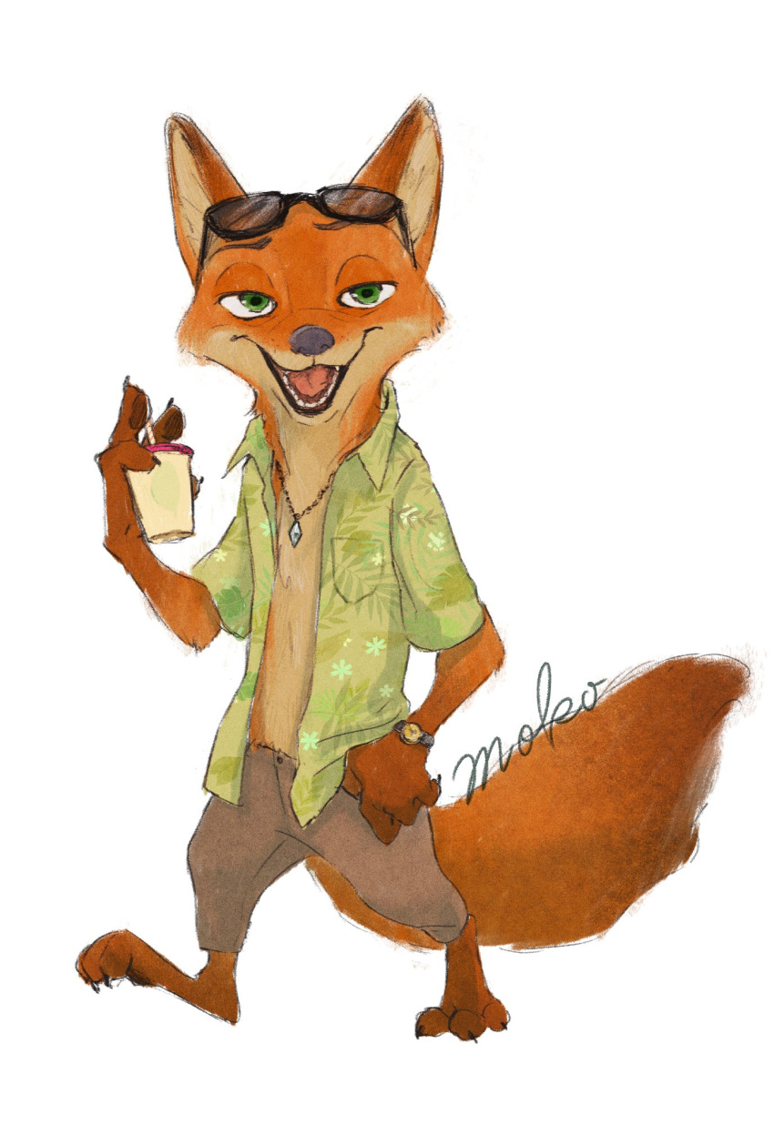 2020 anthro canid canine clock clothed clothing disney fox fur hi_res holding_cup holding_object jewelry mammal monmokamoko necklace nick_wilde open_mouth open_shirt open_smile orange_body orange_fur red_fox shirt simple_background smile solo topwear watch white_background zootopia