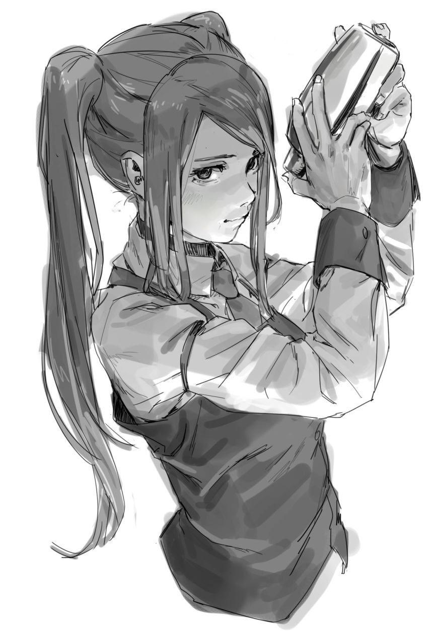 1girl bartender chinese_commentary cocktail_shaker commentary_request cropped_torso greyscale highres holding_shaker jill_stingray monochrome necktie profile sidelocks solipsist solo twintails upper_body va-11_hall-a vest